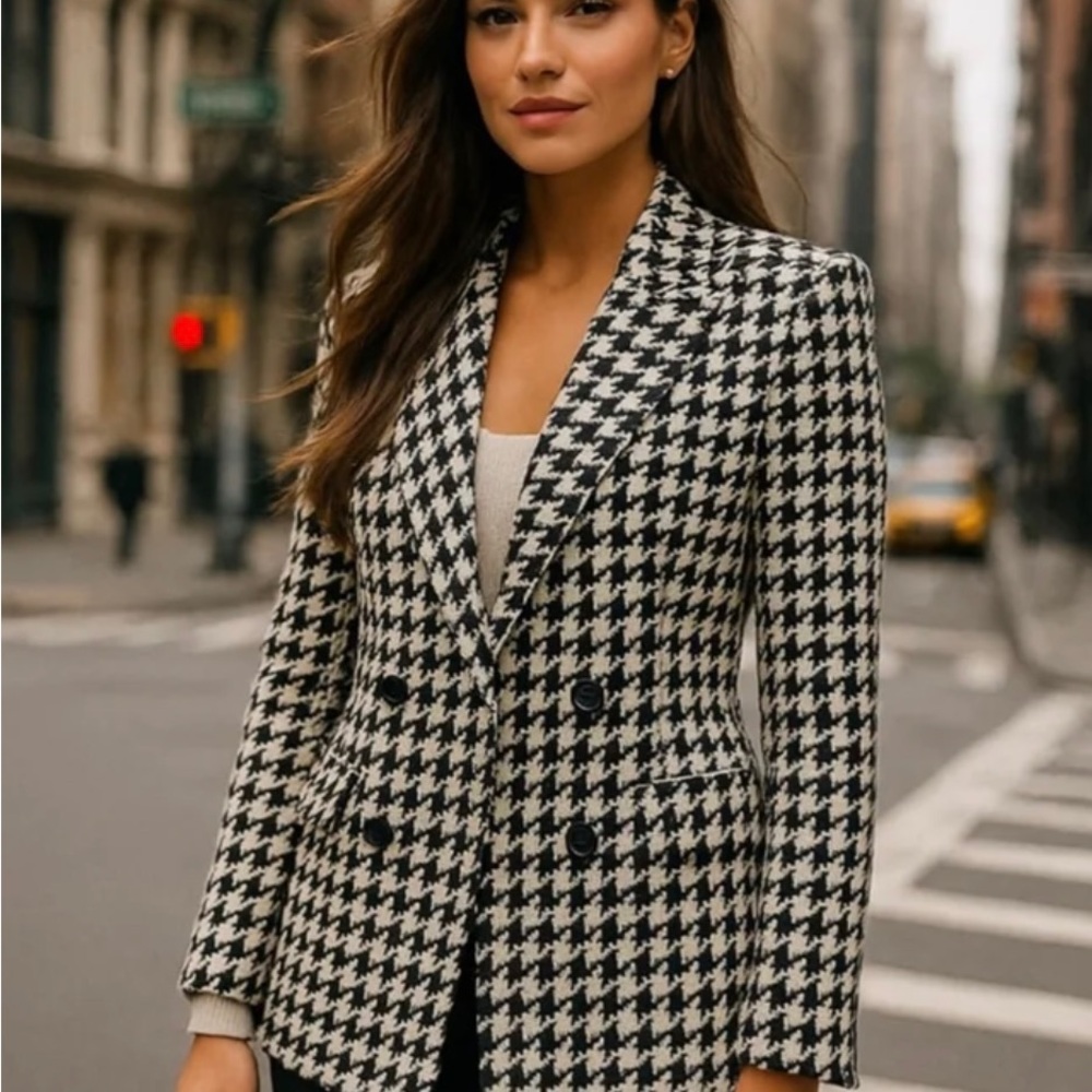 Houndstooth Double-Breasted Women's Blazer Jacket - Black & White XL